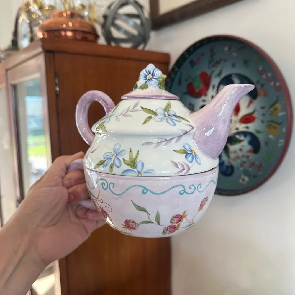 NEW VTG Tea for One Ceramic Nesting Teapot & Cup Set Floral Purple Blue Painted
